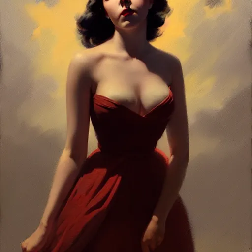 Image similar to matte painting, trending on artstation, gil elvgren, greg rutkowski, magali villeneuve, artgerm, jeremy lipkin, michael garmash, portrait en buste anya taylor - joy