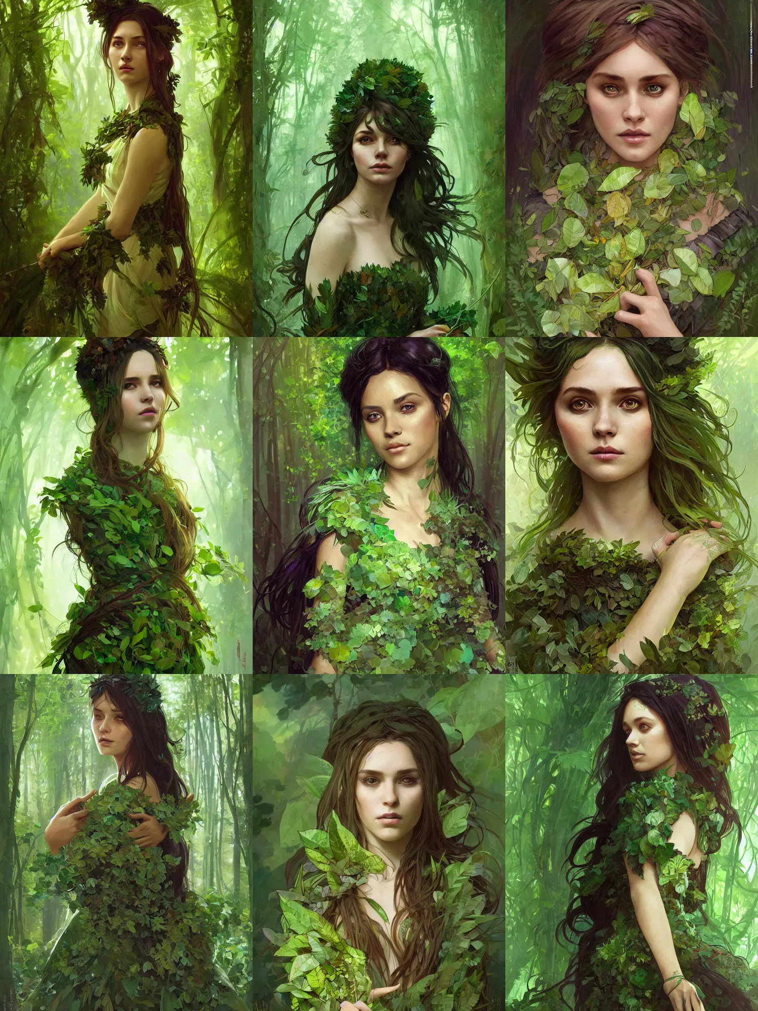 Prompt: portrait of a forest mage, female, dress made of green leaves, gorgeous, green hair, brown skin, forest background, digital painting, artgerm and greg rutkowski and alphonse mucha