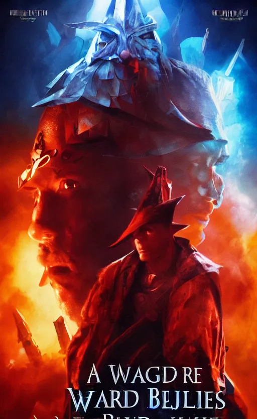 Image similar to a mind - blowing, epic movie poster, depicting a war between red and blue fantasy style wizards, wearing wizard hats, magic, cinematic, dnd, high quality