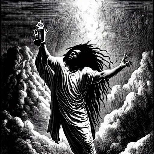 Image similar to cheef keef ascending into heaven holding cup of lean, biblical image, style of gustave dore, highly detailed, beautiful, high contrast, black and white