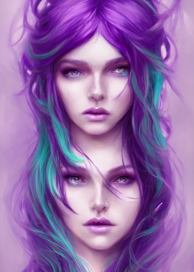 Image similar to fae teenage girl, portrait, face, long turquoise hair, purple highlights, fantasy, intricate, elegant, highly detailed, digital painting, concept art, smooth