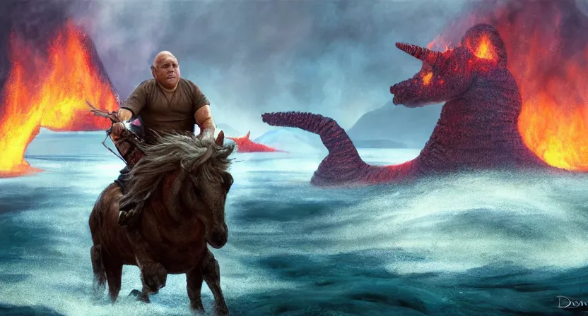 Prompt: Danny Devito riding unicorn in a lake of lava, concept art by Doug Chiang cinematic, realistic painting, high definition, digital art, symmetrical, very detailed, extremely high detail, photo realistic, concept art, unreal engine 5,