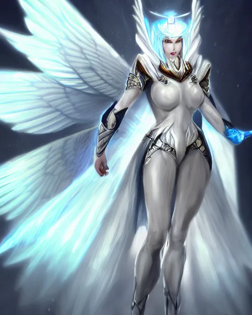 Image similar to perfect white haired attractive egyptian goddess with huge white dove wings, warframe armor, beautiful, symmetric, dreamy, half asian, pretty face, blue eyes, detailed, scifi platform, laboratory, experiment, 4 k, ultra realistic, epic lighting, android body, illuminated, cinematic, masterpiece, art by akihito tsukushi, voidstar