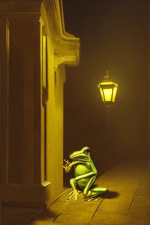 Image similar to a frog playing saxphone alone on a street corner, under a street lamp, at night, painting by edward poynter, trending on artstation