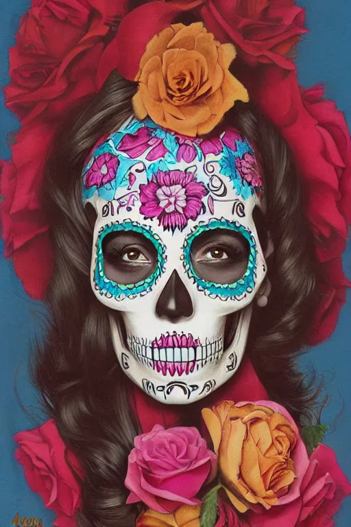 Prompt: illustration of a sugar skull day of the dead girl, art by art frahm