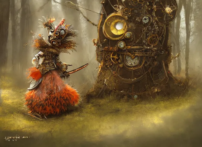 Image similar to ashigaru steampunk - inspired feathered mouse, colorful plumage, lacquered armor, cute but determined, hard focus, art station, by jessica rossier and brian froud, cinematic fantasy painting, orange grey white, in a woodland glade