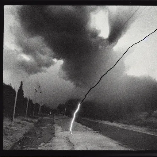 Prompt: low wide angle, old polaroid of a man being hit by a lighting strike in his head, black and white