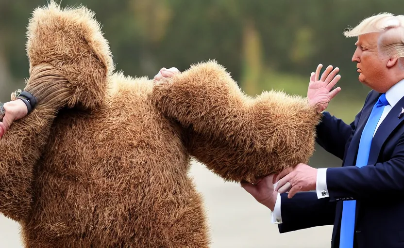 Image similar to Donald Trump in a baby mammoth costume , with an open face