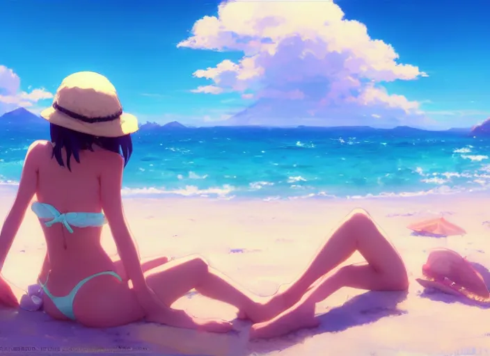 Image similar to a cute girl in a bikini and sunhat sitting on a towel on the beach, rocky mountains far in the distance, fluffy clouds on the horizon, by makoto shinkai an krenz cushart