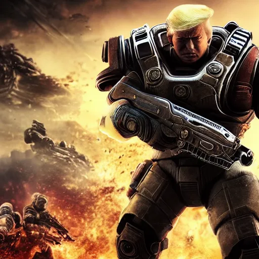 Image similar to Donald Trump as Masterchief in gears of war, splash art, movie still, detailed face, photorealistic facial features, cinematic lighting, dramatic, octane render, long lens, shallow depth of field, bokeh, anamorphic lens flare, 8k, hyper detailed, 35mm film grain