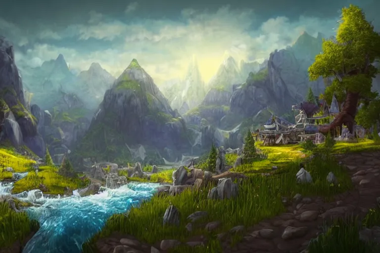 Prompt: world of warcraft environment with trees and a platform in the center, rocky mountains and a river, horses in the foreground, beautiful, concept