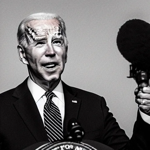 Image similar to Pulitzer-prize winning photograph of Joe Biden giving a press conference with heavy black smoke pouring from his mouth, nose, and eyesockets and pooling on the floor, unbearable anxiety, uncanny liminal space