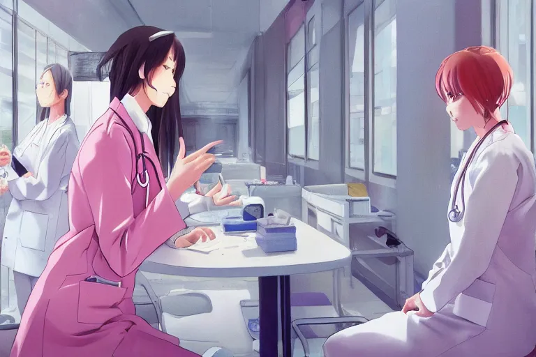 Prompt: a beautiful young female doctor wearing white coat are talking with a nurse wearing pink coat in a hospital ward, highly detailed, digital painting, slice of life anime, anime scenery by Makoto shinkai