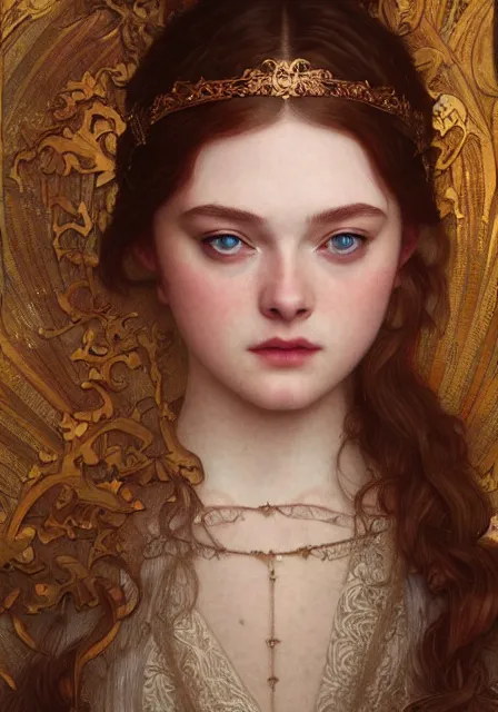 Prompt: sansa elle fanning, intricate, elegant, highly detailed, digital painting, artstation, concept art, smooth, sharp focus, illustration, art by artgerm and greg rutkowski and alphonse mucha and william - adolphe bouguereau