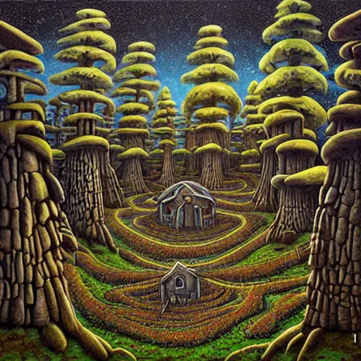 Image similar to an ancient druidic village in the woods, painting by jeffrey smith