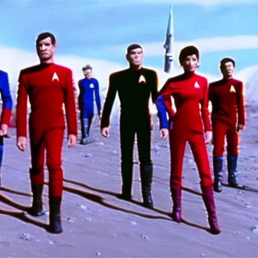 Image similar to a still from star trek showing a group of characters in red, blue, gold star trek uniforms in the far distance on an alien planet.