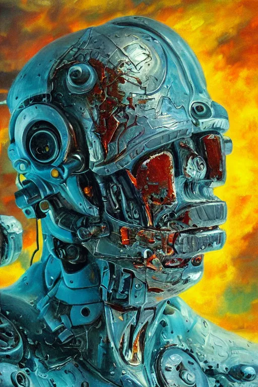 Prompt: oil painting, close-up, hight detailed, melting cyborg at red planet, in style of 80s sci-fi art, neodada