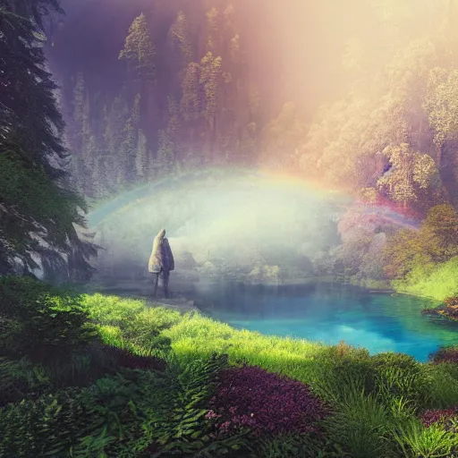 Image similar to an alpine lake, ornate, beautiful, atmosphere, vibe, mist, rainbow, wet, puddles, fern, flowers, concept art illustration, color page, tone mapping, akihiko yoshida, james jean, andrei riabovitchev, marc simonetti, digital illustration, greg rutowski, volumetric lighting, sunbeams, particles