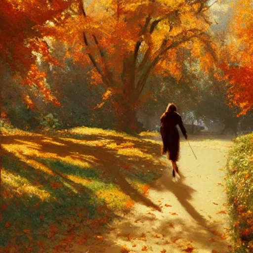 Prompt: a romantic walk in fall, warm, nostalgic, craig mullins