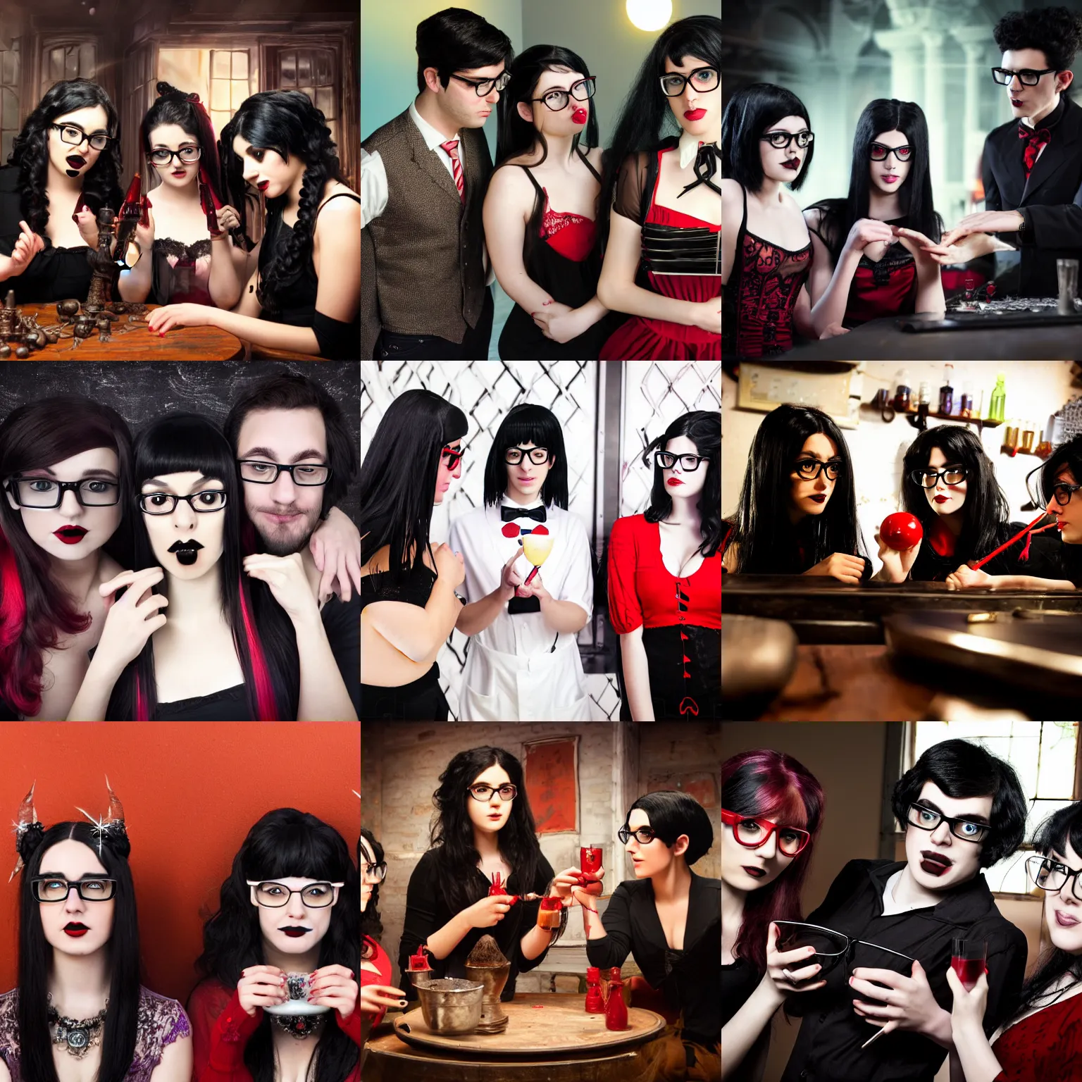 Prompt: Three friends working in a magic laboratory, one of the friends is a young man with black hair and glasses, the second friend is a beautiful young woman with brunette hair, the third friend is a cute goth girl with red and black hair, wide angle photography, highly detailed and intricate, rule of thirds, color theory, magic laboratory setting, soft lighting, photo photo photo