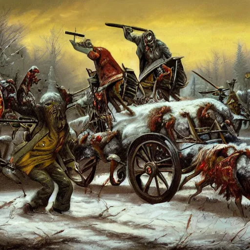 Prompt: painting of zombies attacking a carriage on a winter road, dark fantasy, high detail, realistic