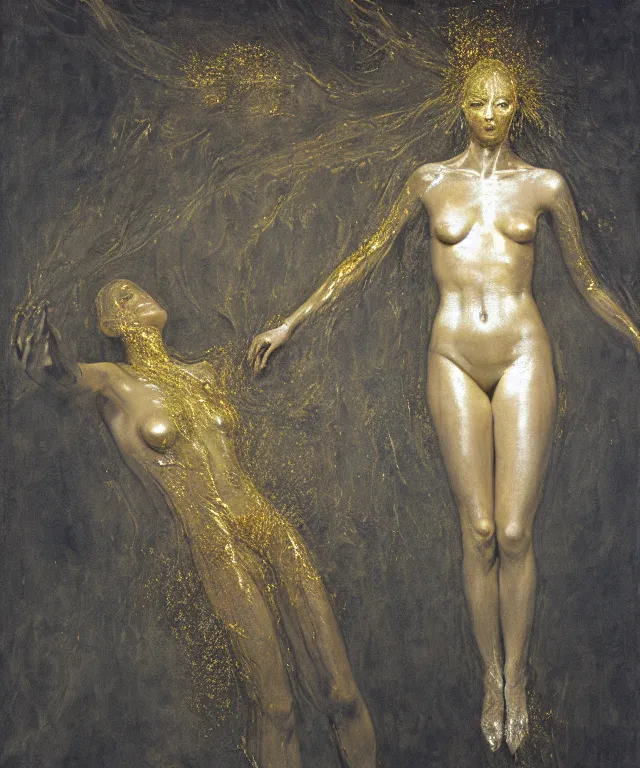 Image similar to Beautiful full-body wax sculpture of glowing transparent woman in glowing cloth with visible gold bones covered with melted white wax inside the singularity where stars becoming baroque folds of dark matter by Michelangelo da Caravaggio, Nicola Samori, William Blake, Alex Grey and Beksinski, dramatic volumetric lighting, highly detailed oil painting, 8k, masterpiece