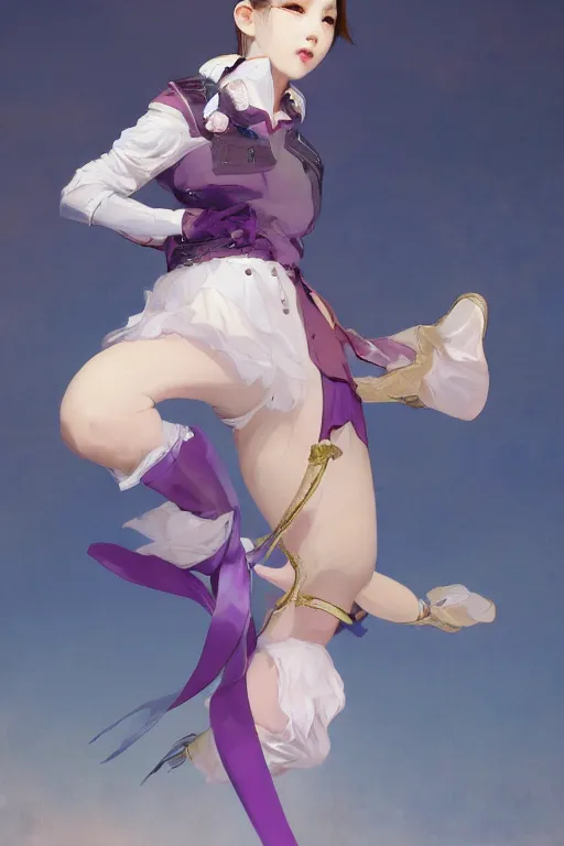 Image similar to Full View of Eunha from Viviz and gFriend with short hair wearing a purple military uniform and puffy silk shorts, white leggings, Golden Ribbon, and a billowy scarf. Rhythmic gymnastics poses. masterpiece 4k digital illustration by Ruan Jia and Mandy Jurgens and Artgerm and greg rutkowski, award winning, Artstation, art nouveau aesthetic, Alphonse Mucha background, intricate details, realistic, panoramic view, Hyperdetailed, 8k resolution, intricate art nouveau