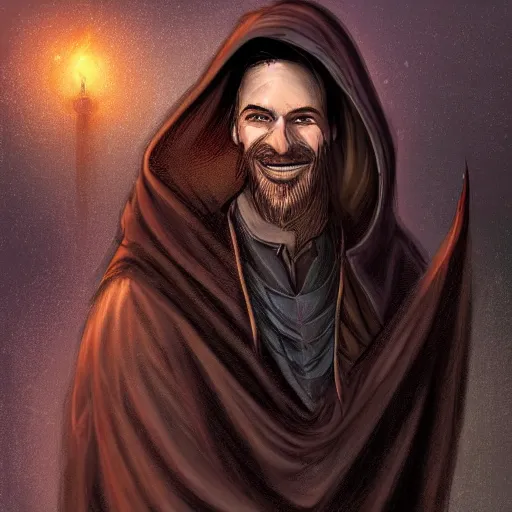 Image similar to 4 0 years old man, skinny, slim : : goatee beard, smiling : : hooded cloak : : medieval city, night, dark, grim, high detail, digital art, rpg, illustration