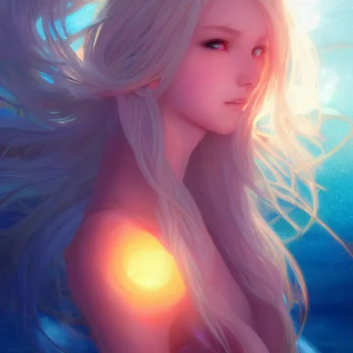 Image similar to blonde anime girl, underwater in the ocean at night, atmospheric, volumetric lighting, glowing lights, 4k, octane, digital painting, artstation, concept art, sharp focus, illustration, art by artgerm and greg rutkowski and alphonse mucha