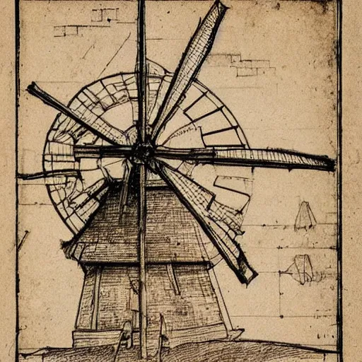 Prompt: old pencil sketch by leonardo davinci blueprint! of a windmill, very detailed technical sketch, annotation, quotes, written dimensions, monochromatic, sepia tones, old paper