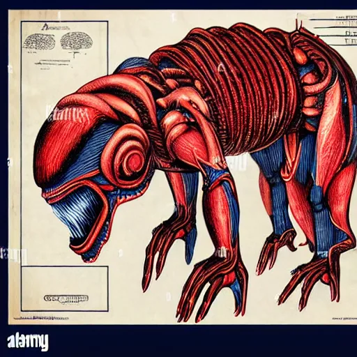 Image similar to anatomically correct diagram of alien, quadruped, h. r. giger, red and blue, 8 feet fall, monstrous, fiendish, high detail, cinematic, wes anderson