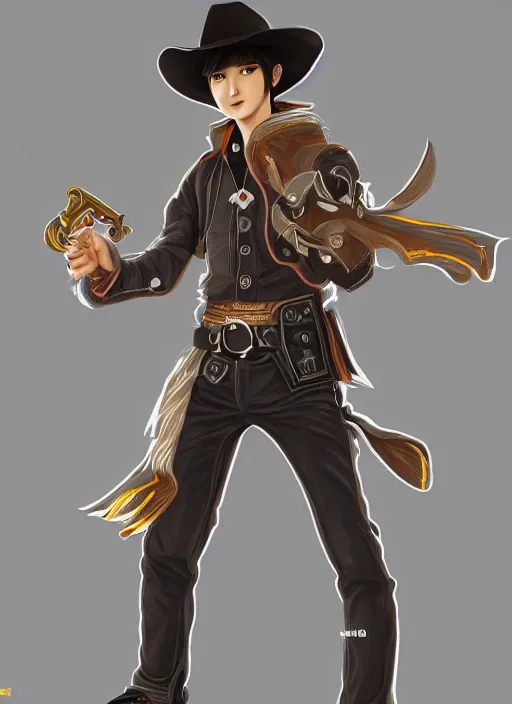 Image similar to a highly detailed illustration of kento yamazaki as a cheeky cowboy wearing cowboy hat and black tracksuit, heroic mid air wielding revolvers pose, intricate, elegant, highly detailed, centered, digital painting, artstation, concept art, smooth, sharp focus, league of legends concept art, wlop