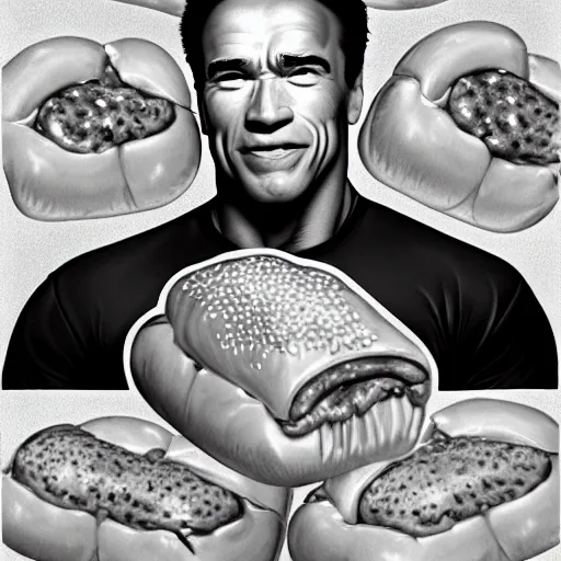 Image similar to portrait of arnold schwarzenegger licking pepperoni rolls, pepperoni culture, west virginia, extra onions and ketchup, luscious patty with sesame seeds, feminine ethereal, delicate fingers, subsurface scattering skin, handsome, D&D, fantasy, intricate, elegant, highly detailed, digital painting, artstation, concept art, matte, sharp focus, illustration, art by Artgerm and Greg Rutkowski and Alphonse Mucha