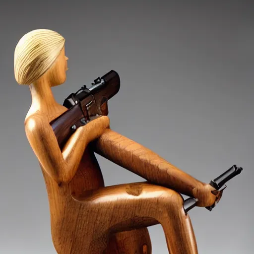 Image similar to wooden sculpture of a thin blonde lady holding a gun, polished maple, thoughtful, elegant, real