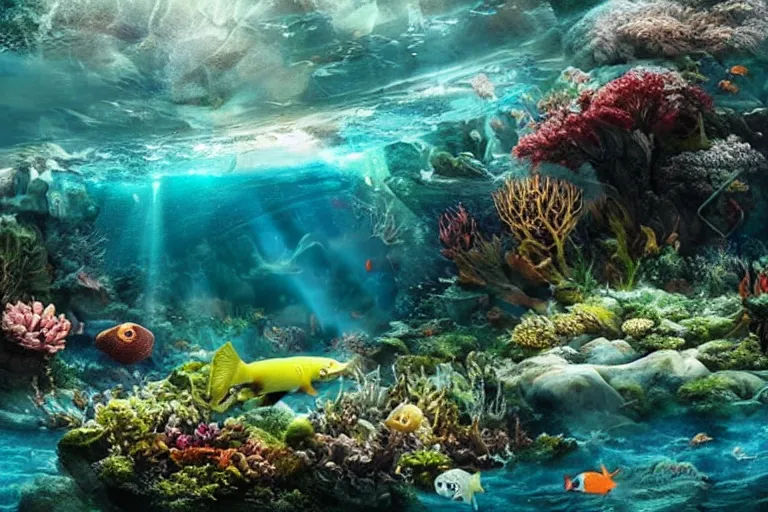 Prompt: enchanted Underwater landscape with Life and a Dream. Photo-realistic UHDR, hyperrealism, very detailed, cinematic,