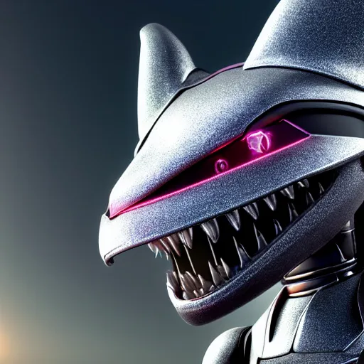 Image similar to high quality close up headshot of a cute beautiful stunning robot anthropomorphic female dragon, with sleek silver armor, a black OLED visor over the eyes, looking at the camera, her sharp dragon maw open in front of the camera, camera looking down into the detailed living maw, about to consume you, on the beach at sunset, highly detailed digital art, furry art, anthro art, sci fi, warframe art, destiny art, high quality, 3D realistic, mawshot, dragon art, Furaffinity, Deviantart