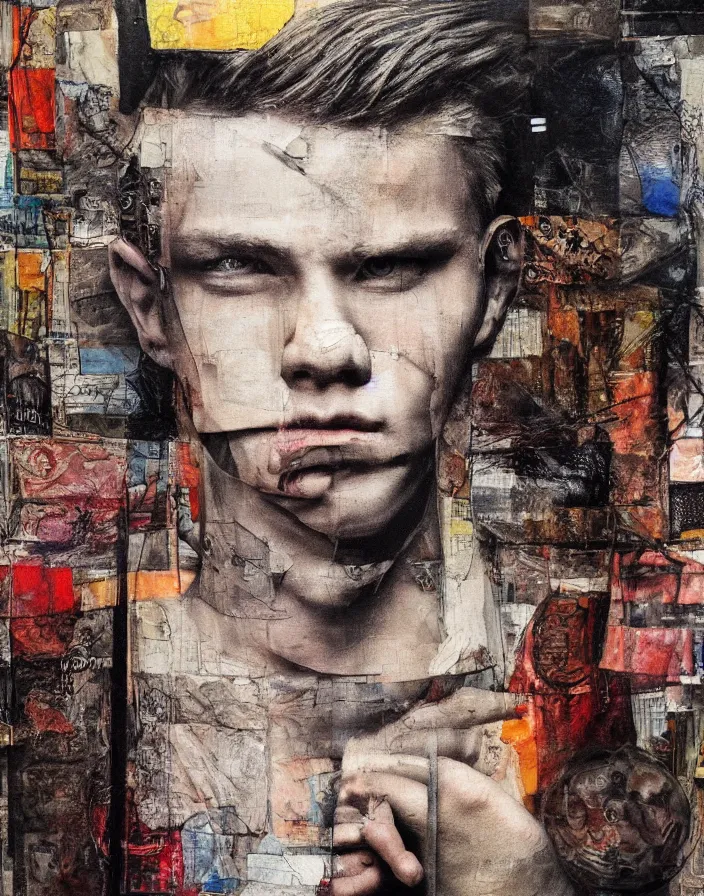 Prompt: male analogue mixed media collage with canvas texture in style of contemporary art, punk art, hyperrealistic beautiful face, photorealism, expressionism, masterpiece, perfect composition, spectacular quality, intricate oil details