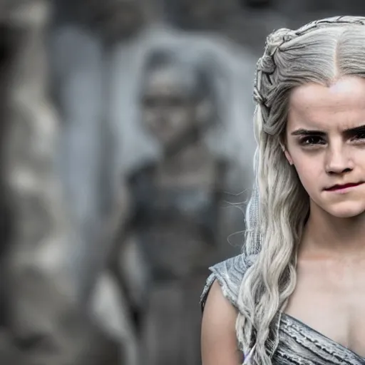 Image similar to Emma Watson as Daenerys Targaryen, XF IQ4, f/1.4, ISO 200, 1/160s, 8K, Sense of Depth, color and contrast corrected, Nvidia AI, Dolby Vision, in-frame