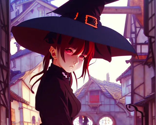 Prompt: ilya kuvshinov, cel shading, moody, key anime visual portrait of a young female witch walking through a busy medieval village, dynamic pose, dynamic perspective, cinematic, dramatic lighting, muted colors, detailed silhouette, textured, anime proportions, alphonse mucha, perfect anime face, kyoani, yoh yoshinari, takashi murakami