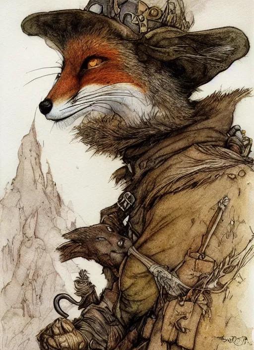 Prompt: portrait of a fox - faced ranger, human features, dnd, gwelf, highly detailed, perfect lighting, watercolor and ink illustration, muted colors. perfect composition, 4 k, by brian froud, larry macdougall, jean - baptiste monge, arthur rackham
