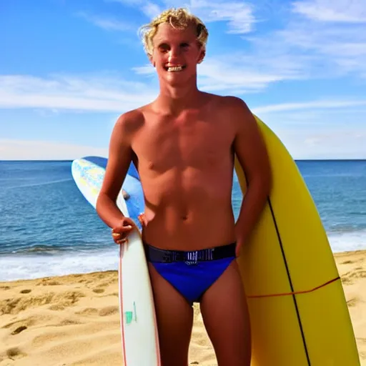 Prompt: 20 year old surfer, blue sky