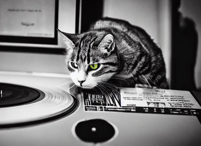 Image similar to photography of a Cat sitting on a record player. in a room full of posters, photorealistic, raining award winning photo, 100mm, sharp, high res