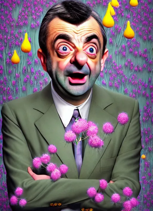 Image similar to hyper detailed 3d render like a Oil painting muted colors - slightly silly portrait of Rowan Atkinson cross eyed as Mr. Bean in Aurora seen tickling of the Strangling network of yellowcake aerochrome and milky Fruit and Her delicate Hands hold of gossamer polyp blossoms bring iridescent fungal flowers whose spores black the foolish stars by Jacek Yerka, Mariusz Lewandowski, Houdini algorithmic generative render, Abstract brush strokes, Masterpiece, Edward Hopper and James Gilleard, Zdzislaw Beksinski, Nicoletta Ceccoli, Wolfgang Lettl, hints of Yayoi Kasuma, octane render, 8k