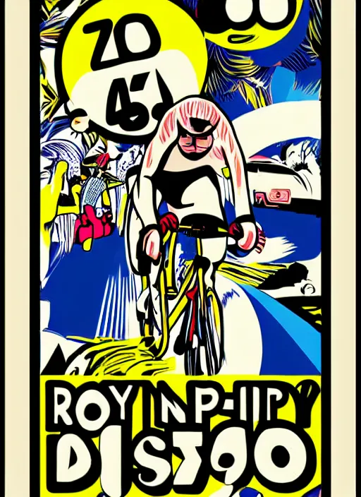 Prompt: Party poster illustration: Moustache, 40th birthday, 70s disco, jumpsuits, bicycle, Egypt in the style of Roy Lichtenstein