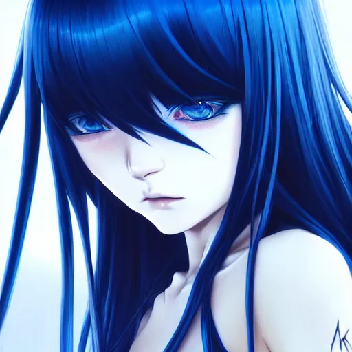 Prompt: long blue - haired girl with bangs gothic anime character with ( amber irises ) noir, screenshot, anime, sharp focus, intricate, illustration, cell shaded, digital painting, highly detailed, concept art, matte, art by ilya kuvshinov, wlop, and greg rutkowski, studio quality, james jean, artem demura