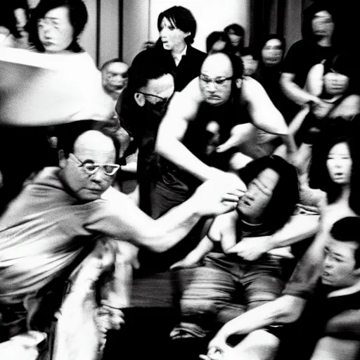 Prompt: George Costanza throwing a table, frantic, chaotic, ethereal, b&w, 35mm film!!!!!!!!, are-bure-boke!!!!!!!!, by Daido Moriyama!!!!!!