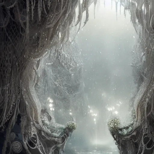 Image similar to under an white intricate like lace epic forest suspended in the air upside down, a white pool with intricate epic circles of water within floating female robots, dressed in intricate veils and jewels, and an intricate mythological underwater city, epic environment, matte painting, diffused lighting, highly detailed, cinematic, epic atmosphere, digital art, trending on artstation, wide angle