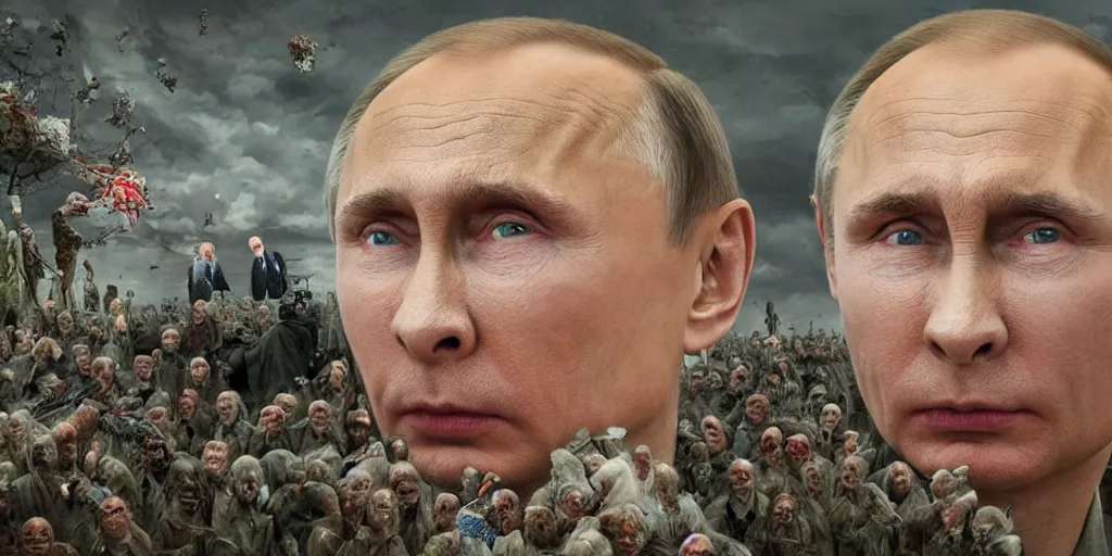 Image similar to highly detailed surreal vfx portrait of vladimir putin's face is eaten by worms, in the background an army of zombies with their mouths sewn shut with wire in the shape of the letter z, style of makoto shinkai studio ghibli genshin impact jamie wyeth james gilleard greg rutkowski, photorealistic, hyperdetailed