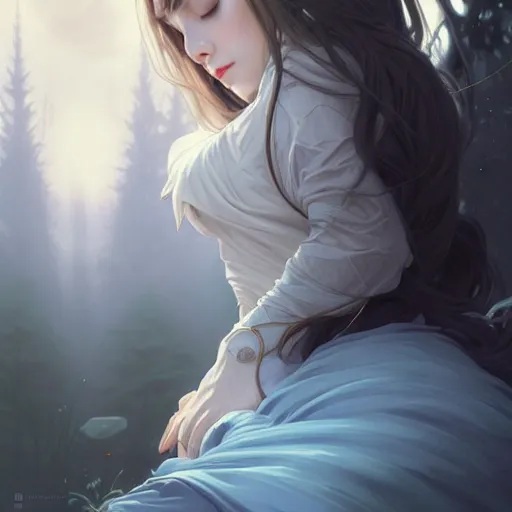 Image similar to wide angle, mage, sleeping on rock, white grey blue color palette, eyes closed, forest, female, d & d, fantasy, intricate, elegant, highly detailed, long brown hair, digital painting, artstation, octane render, concept art, matte, sharp focus, illustration, hearthstone, art by artgerm, alphonse mucha johannes voss