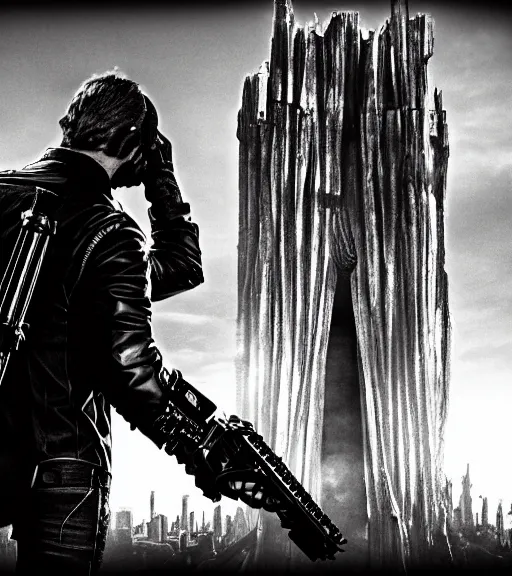 Prompt: hd pro epic 4k wideangle unreal movie photo of gunslinger standing near darktower dramatic Leica Zeiss cinematic noir frank Miller giger trending on Flickr artstation